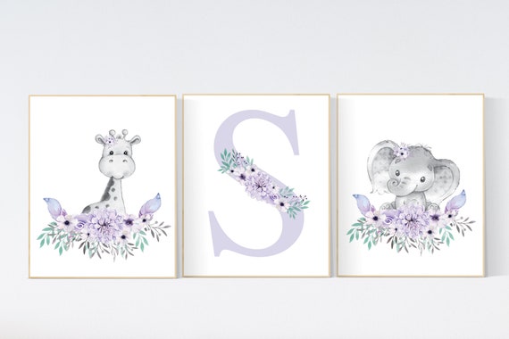 Purple teal nursery, Boho baby room, nursery wall art elephant giraffe , nursery decor girl, nursery decor girl floral, lilac, lavender