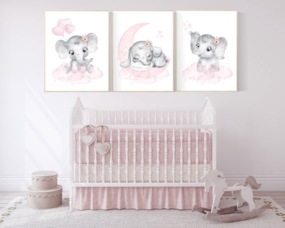 Elephant nursery wall art, Nursery decor girl, nursery decor girl pink, pink nursery, we love you to the moon and back, cloud and stars