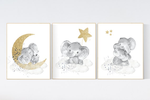 Navy nursery decor elephant, cloud and stars, moon and stars, navy gold nursery art. baby room wall art, boy nursery decor, nursery art