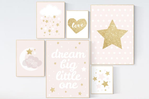 Pink gold nursery art, dream big little one, nursery decor, pale pink, pink and gold, moon nursery, nursery decor girl pink, gold nursery