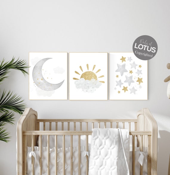 Nursery wall art grey, gray gold nursery, rainbow nursery, nursery decor neutral, baby room decor gender neutral, moon and stars, grey gold