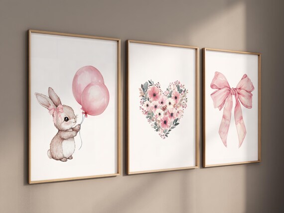 Pink bunny nursery art, watercolor rabbit print, floral heart wall decor, pastel bow baby room print, baby girl nursery wall art