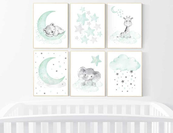 Nursery decor mint and grey, nursery wall art neutral, moon and stars, mint green, bear, giraffe, elephant, gender neutral nursery