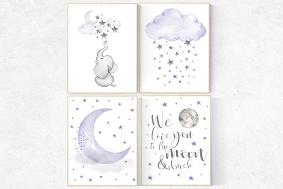 Nursery decor girl purple, elephant nursery, nursery decor girl lavender and gray, lilac nursery, we love you to the moon and back, purple