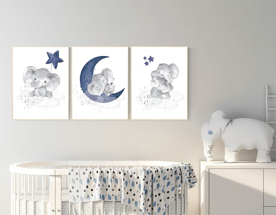 Navy nursery decor, moon and stars, navy blue nursery art. baby room wall art, boy nursery decor, set of 3, nursery prints boy, elephant art