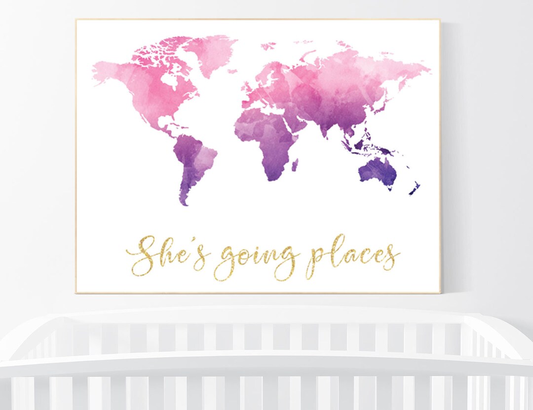 Watercolor World Map Print: Pink Purple Nursery Decor - Etsy