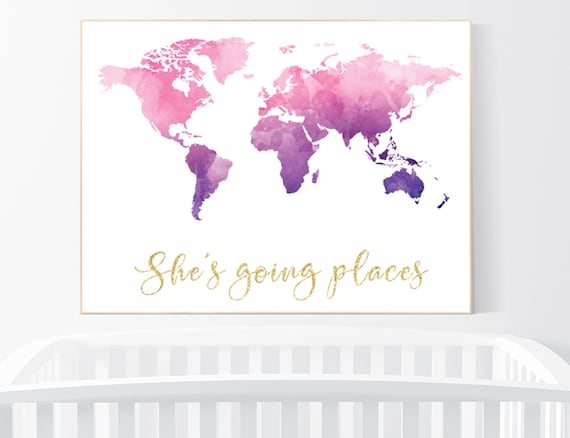 Nursery decor purple pink, girl room decor, world map print nursery, world map print watercolor, nursery wall art, pink purple, world map