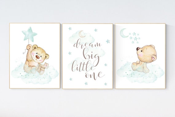 Mint nursery decor, nursery decor bear, teddy bear, gender neutral nursery, moon and stars, dream big little one, baby room art, mint green