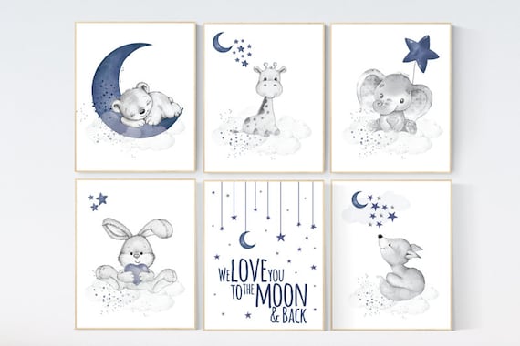 Nursery decor boy animals, moon and stars, navy blue, animal prints for nursery, navy blue nursery, we love you to the moon and back