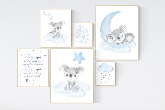 Koala nursery, blue nursery, moon and stars, nursery prints animals, gender neutral nursery, koala mother and baby, animal prints,