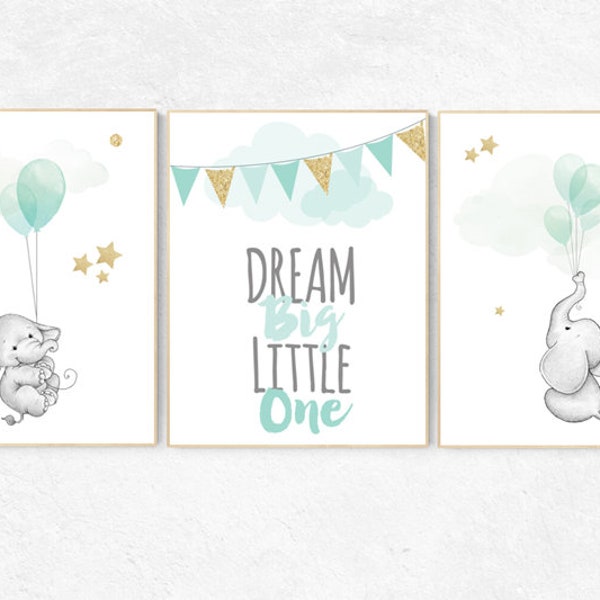 Mint and gold nursery, elephant nursery decor, animal balloon prints nursery, animal balloon prints nursery, animal balloon, neutral nursery