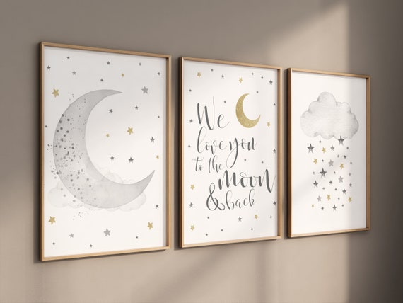 Nursery wall art grey, gray gold nursery, nursery decor neutral, baby room decor gender neutral, moon and stars, grey gold, baby room art