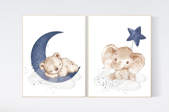 Nursery wall art animals, baby room decor navy blue, baby room decor bear, elephant, animal nursery decor, nursery prints