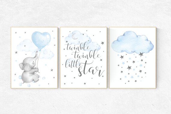 Nursery decor boy, nursery decor boy elephant, nursery wall art boy, twinkle twinkle little star, cloud and raindrops elephant nursery print