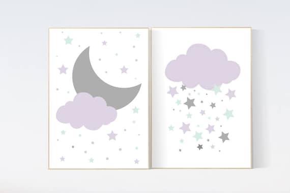 Lilac mint nursery decor, baby girl nursery, lilac and mint gray nursery, cloud nursery, girls room decor, purple mint star nursery decor