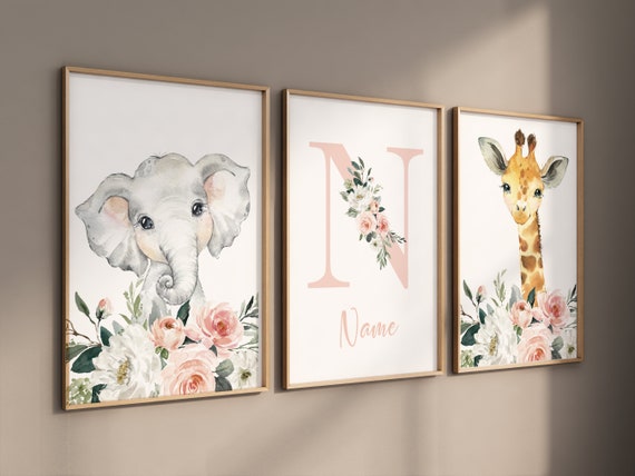 Nursery prints girl, baby room wall art, Safari Animals, girl nursery, Animals Prints, Safari Nursery Wall Art, floral animal prints, coral