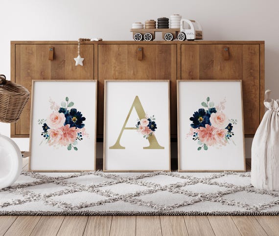 Blush Navy Floral Nursery Decor: Girl's Name Print