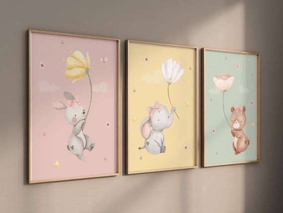 Nursery decor girl animals, flower nursery, animal nursery, girls nursery, Nursery wall art girl elephant, girl nursery wall decor, floral