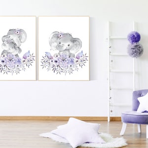 Elefant Kinderzimmer Poster: Boho Lilac Floral Wall Art