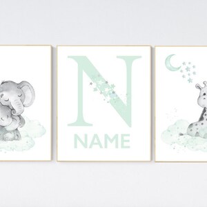 Mint nursery decor, elephant nursery, name print, giraffe nursery, mint green nursery, moon and stars nursery, gender neutral nursery