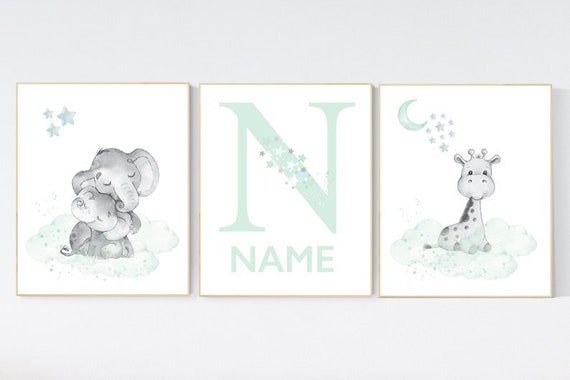 Mint nursery decor, elephant nursery, name print, giraffe nursery, mint green nursery, moon and stars nursery, gender neutral nursery