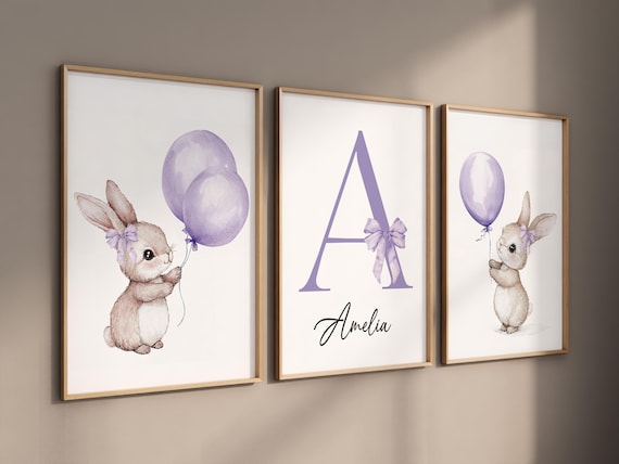 Personalized bunny nursery art, purple balloon print, custom baby girl name decor, watercolor rabbit wall art, bunny print, baby room decor