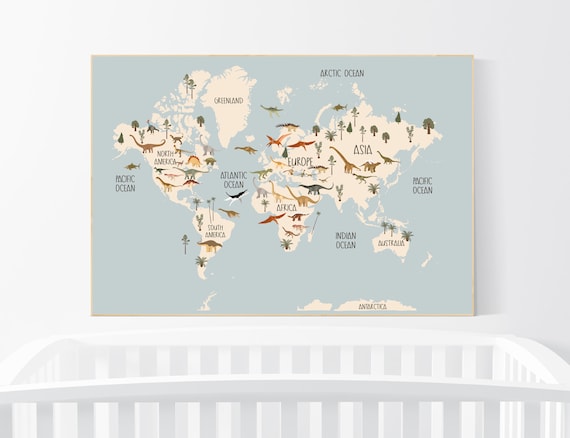 Safari animals nursery, Animal World Map, Map of the World, Playroom decor, Nursery world map, animal map, gender neutral, large size
