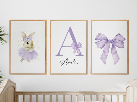 Purple Bunny Ballerina Nursery Wall Art Set, Personalized Name Print