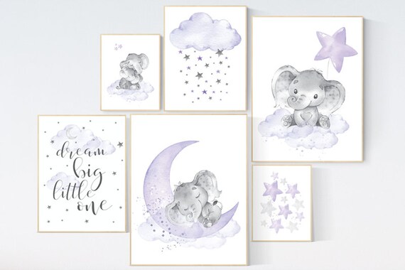 Nursery decor girl purple, lilac nursery decor, nursery decor elephant girl, moon and stars, nursery prints girl, lavender, star nursery