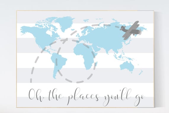 Nursery decor boys, blue gray, Oh the places you'll go, World Map wall art, world map nursery, Blue grey, world map wall art, baby boy