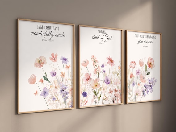 Wildflower Nursery, Boho prints, Botanical Prints, girl nursery decor, floral nursery, blush pink and purple, bible verse, christian art