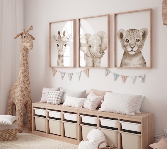 Nursery wall art animals, gray nursery, gender neutral nursery, neutral nursery, baby room decor, bear, elephant, giraffe, animal prints