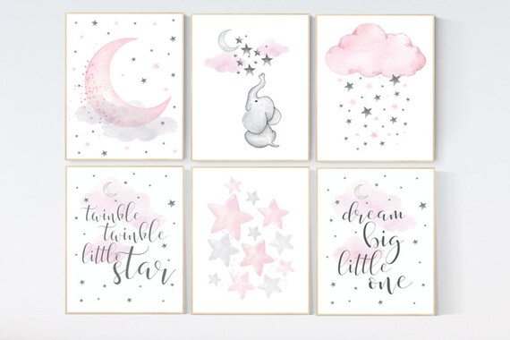 Nursery decor elephant, Girls room decor, Nursery decor girl pink and gray, pink nursery, Elephant nursery, twinkle twinkle little star