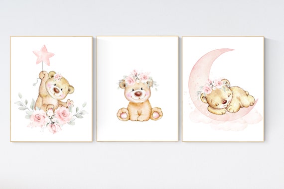 Nursery wall art bear, nursery decor girl, boho nursery, bear nursery print, floral prints, nursery prints boho, baby girl wall art, bear