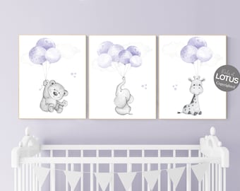 Paarse kinderkamerprints: babydieren met ballonnen