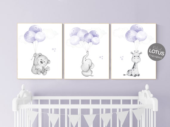 Nursery decor girl purple, purple nursery, animal prints, , lavender nursery, lilac nursery, elephant nursery, balloon nursery, bear nursery