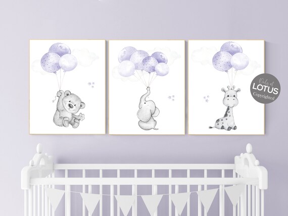 Nursery decor girl purple, purple nursery, animal prints, , lavender nursery, lilac nursery, elephant nursery, balloon nursery, bear nursery