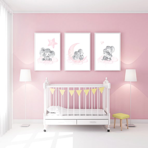 Elephant nursery art, elephant nursery print, pink and gray nursery, cloud and stars nursery, baby room decor girl, nursery prints girl