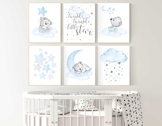 Nursery wall art bear, boys nursery prints. nursery decor boy ideas, nursery art ideas, baby blue, grey, nursery wall art, sky, moon, stars