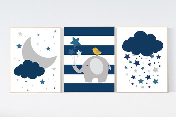 Nursery decor boy, NAVY nursery prints, nursery prints boy, navy blue nursery decor, nursery decor elephant navy nursery, moon and stars