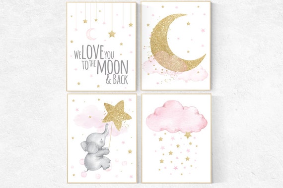 Nursery decor girl elephant, pink and gold nursery, we love you to the moon and back, pink nursery art, cloud and stars, baby room decor