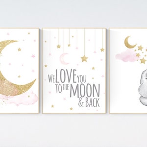 Nursery wall art girl elephant, pink and gold nursery, we love you to the moon and back, pink nursery art, cloud and stars, baby room decor