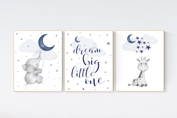 Nursery decor elephant, navy nursery decor, dream big little one, moon and stars, navy blue nursery art. baby room art, elephant nursery