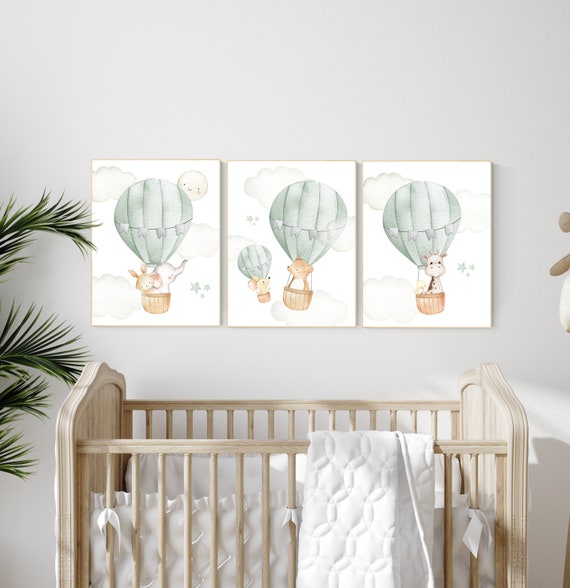 Nursery decor neutral, green, sage green wall art, gender neutral nursery decor, baby room decor, nursery prints neutral, hot air balloon