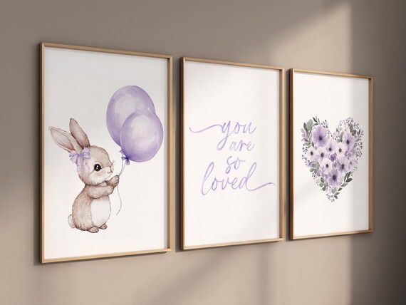 Purple bunny nursery art, watercolor rabbit print, baby girl nursery decor, floral heart wall art, you are so loved baby room print, nursery