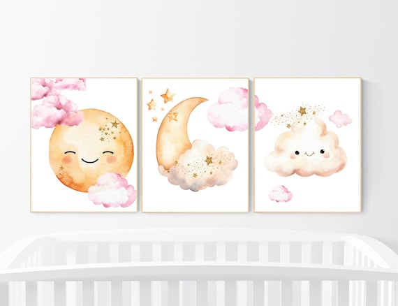 Moon prints for nursery, nursery wall art, gender neutral nursery, pink and yellow, Baby wall decor, nursery prints, moon and clouds