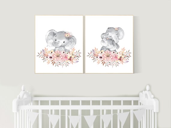 Nursery decor girl boho, elephant nursery wall art, nursery decor girl floral, nursery decor girl woodland, floral nursery, boho nursery