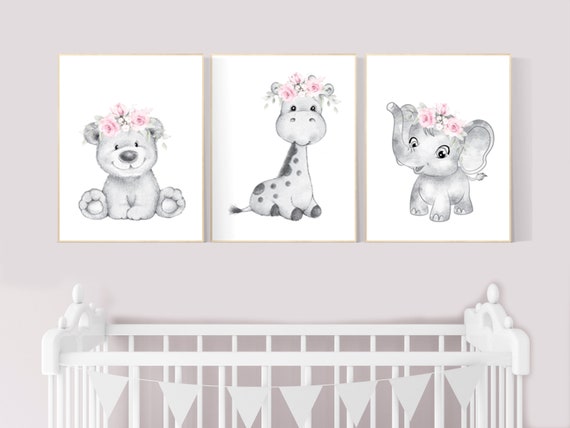 Nursery decor floral jungle, animal prints nursery, elephant, giraffe, bear, nursery decor girl flowers, nursery decor girl pink, pink grey