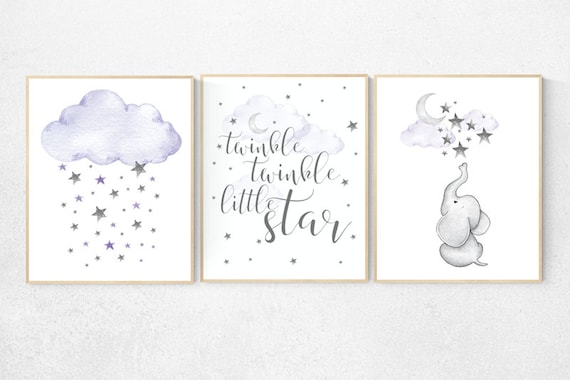 Nursery decor girl purple, nursery decor elephant, nursery decor girl lavender and gray, lilac nursery, twinkle twinkle little star, purple