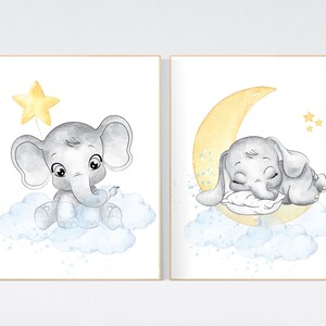 Nursery decor neutral, nursery wall art elephant, moon and stars, gender neutral, baby room decor, elephant balloon, elephant nursery